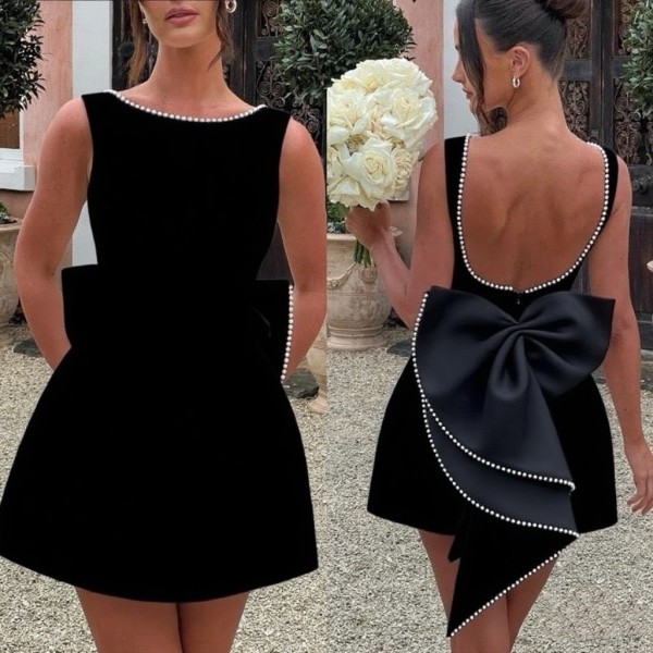 Pearl bow waist cinched backless A-line dress