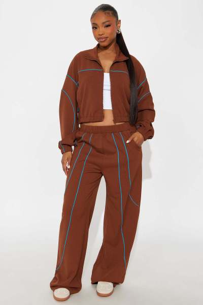 Wide leg line color blocked stand up collar two-piece set