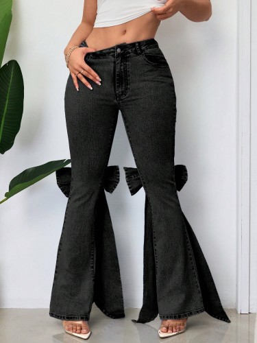 Three dimensional bow with elastic floor mopping horn denim pants