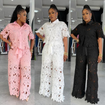 Hollow lace wide leg strap set, two-piece set