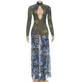 Digital Printed Netting Patchwork High-Waisted Maxi Dress