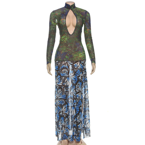 Digital Printed Netting Patchwork High-Waisted Maxi Dress