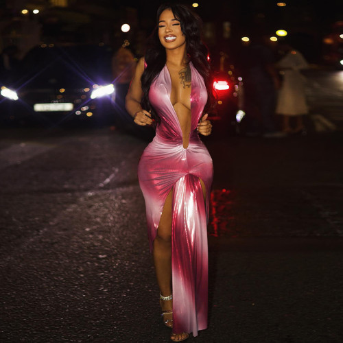 Deep V sleeveless high waisted slit irregular dress