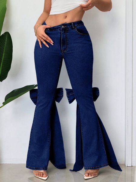 Three dimensional bow with elastic floor mopping horn denim pants