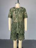 Lace stand collar short sleeved shirt high waisted shorts two-piece set