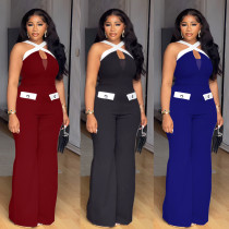 Color blocking cross suspender elastic wide leg jumpsuit