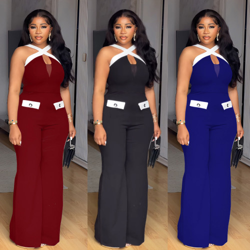 Color blocking cross suspender elastic wide leg jumpsuit