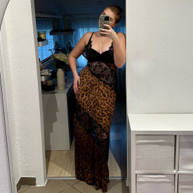 Leopard print patchwork camisole dress with deep V-neckline and waist cinching long skirt