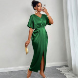 V-neck short sleeved high waisted one step slit dress long skirt