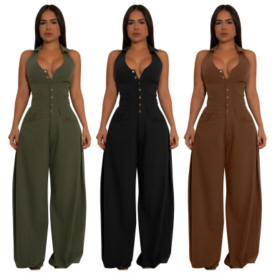 Pockets Sleeveless Backless Bodysuit
