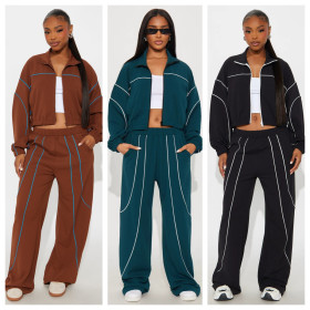 Wide leg line color blocked stand up collar two-piece set