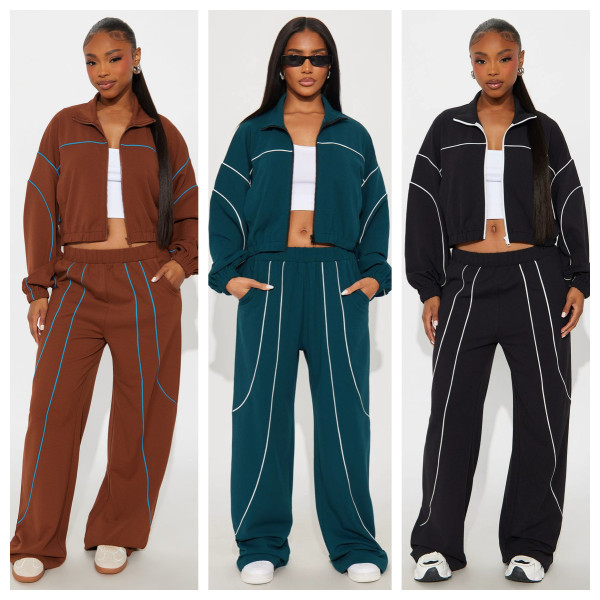 Wide leg line color blocked stand up collar two-piece set