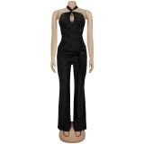 Hanging neck wide leg wrapped arm jumpsuit