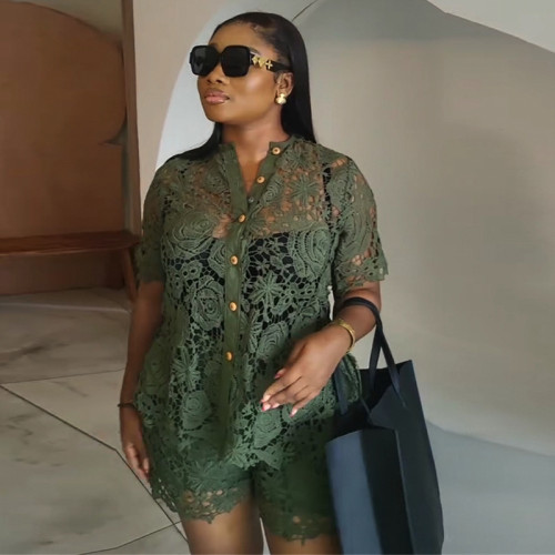 Lace stand collar short sleeved shirt high waisted shorts two-piece set