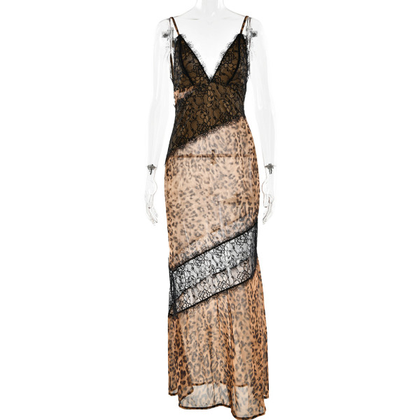 Leopard print patchwork camisole dress with deep V-neckline and waist cinching long skirt