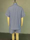 Blue and white striped loose shirt high waist wide leg shorts set