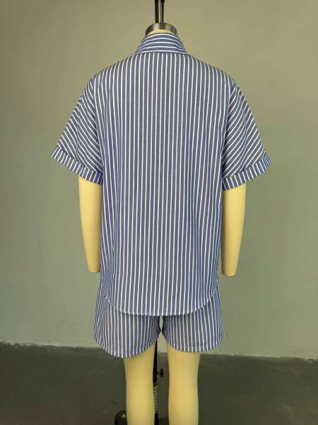 Blue and white striped loose shirt high waist wide leg shorts set