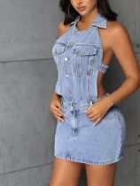 Hanging neck backless denim dress