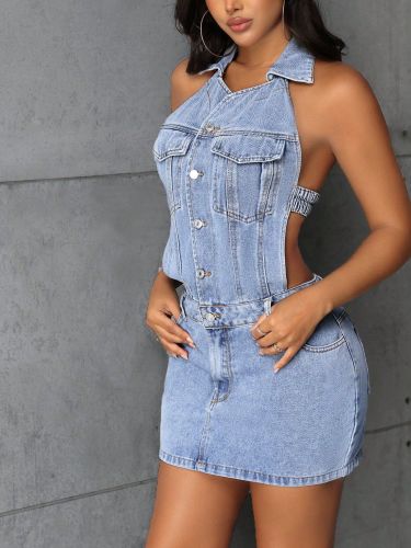 Hanging neck backless denim dress