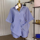 Blue and white striped loose shirt high waist wide leg shorts set