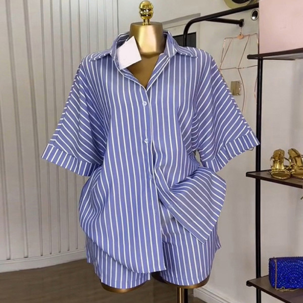Blue and white striped loose shirt high waist wide leg shorts set