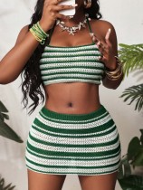 Two-piece dress with halter back, off-shoulder, waist-exposing, and color-blocked stripes
