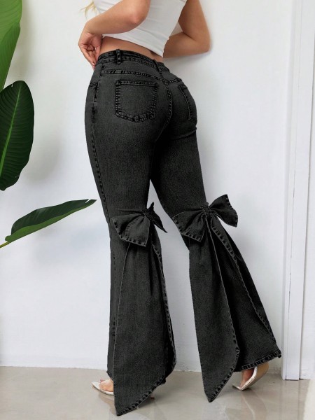 Three dimensional bow with elastic floor mopping horn denim pants