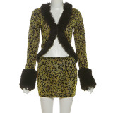 Mao collar patchwork V-neck top, hip hugging short skirt set