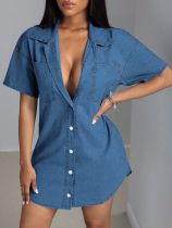 Collar short sleeved loose denim shirt