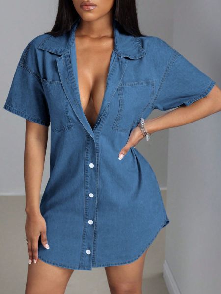 Collar short sleeved loose denim shirt