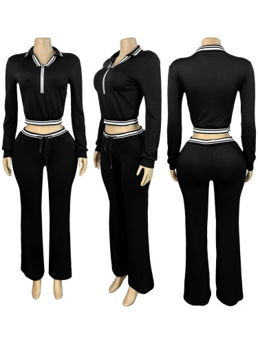 Flip collar half zipper drawstring wide leg pants sports two-piece set