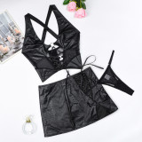 Leather fabric spliced mesh strap cross hanging neck lingerie set