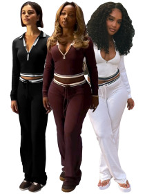 Flip collar half zipper drawstring wide leg pants sports two-piece set