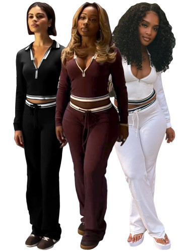 Flip collar half zipper drawstring wide leg pants sports two-piece set