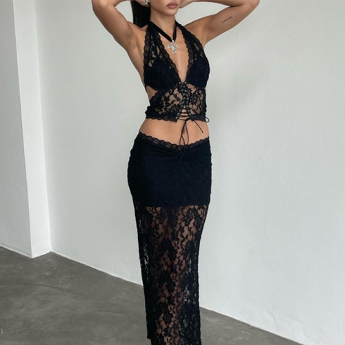 Lace Back Hanging Neck Underwear Long Dress Set