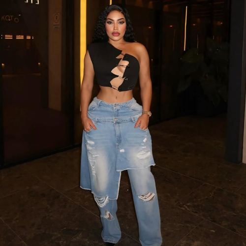 Elastic apron ripped straight leg jeans