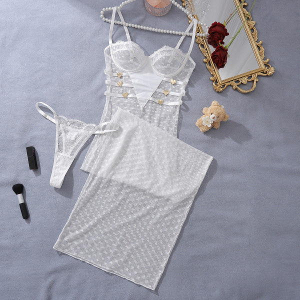 Strap tight long dress set with heart-shaped polka dot lace dress