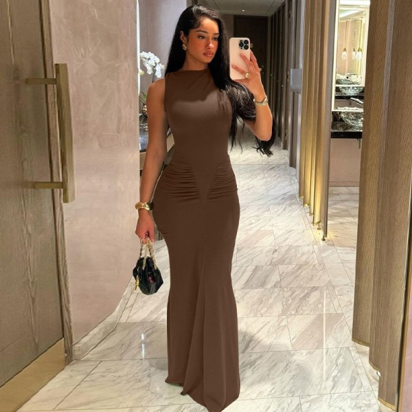 Slim pleated solid color Sleeveless dress D9971