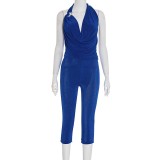 Hanging neck metal buckle collar top, tight fitting cropped pants two-piece set