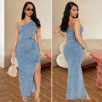 Slanted shoulder sleeveless backless and waist exposed denim dress