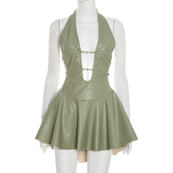 Imitation leather metal decoration hanging neck large backless dress