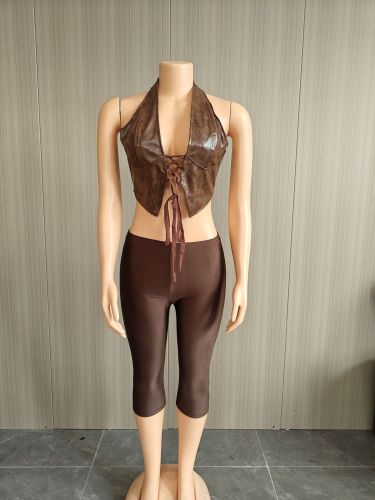 PU strap top half pants two-piece set