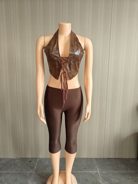 PU strap top half pants two-piece set