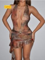 Printed skirt deep V-dress