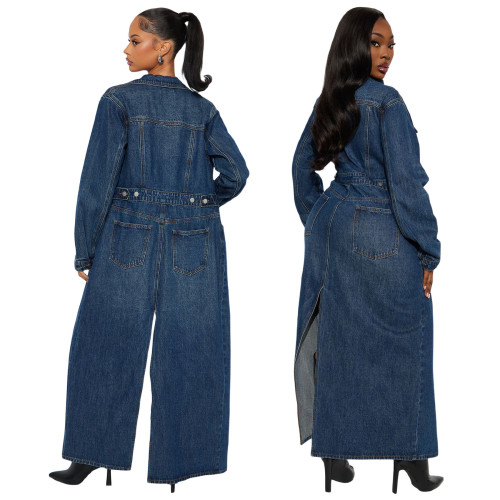 Cardigan long sleeved denim trench coat, denim cloak