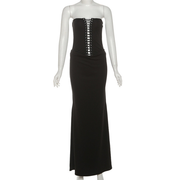 Strapless lace up sleeveless tight dress