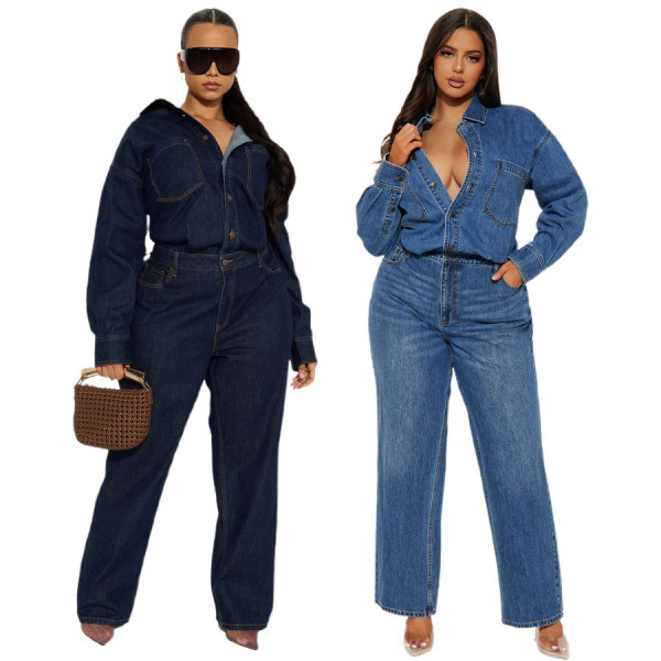 Slim fit elastic loose washable long sleeved denim jumpsuit