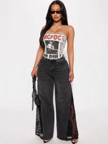 Letter printed cropped short strapless top with exposed navel