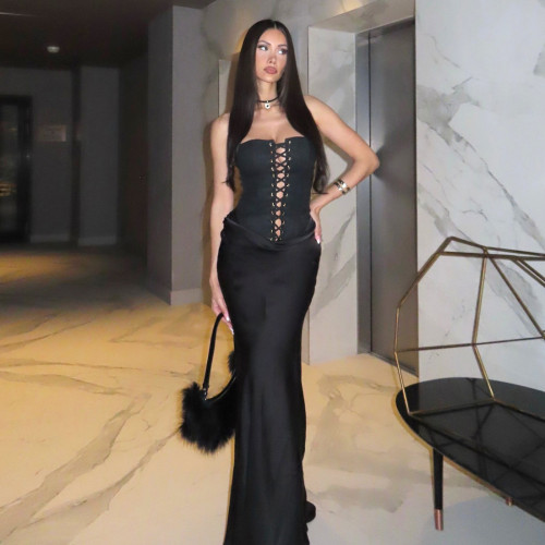 Strapless lace up sleeveless tight dress