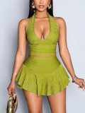 Deep V-split pants and skirt set